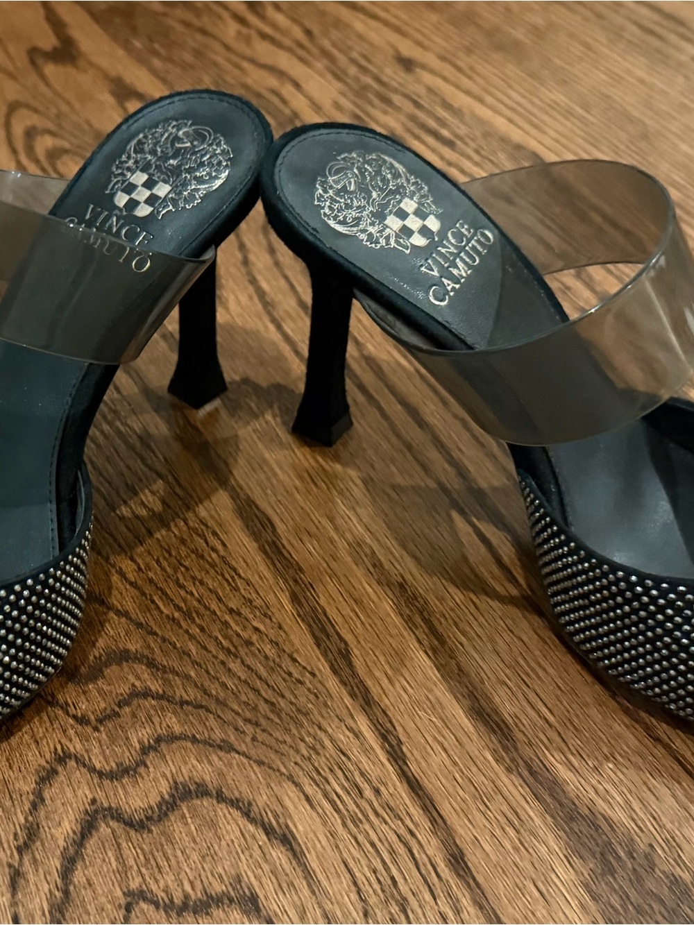Vince Camuto Black Pointed Mule with Clear Strap and Silver Stud Detailing - Picture 2 of 2